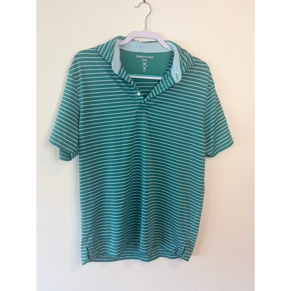 Kenneth Cole Golf Mens Striped Polo Shirt Green Blue Short Sleeve Size M